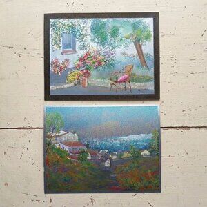 Vintage D. Lebeau Foil Art Prints Pair Set 2 Mediterranean Village Garden Patio